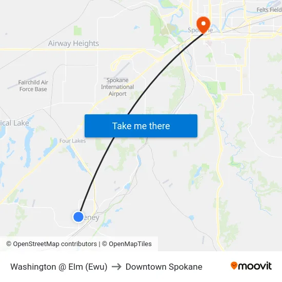 Washington @ Elm (Ewu) to Downtown Spokane map