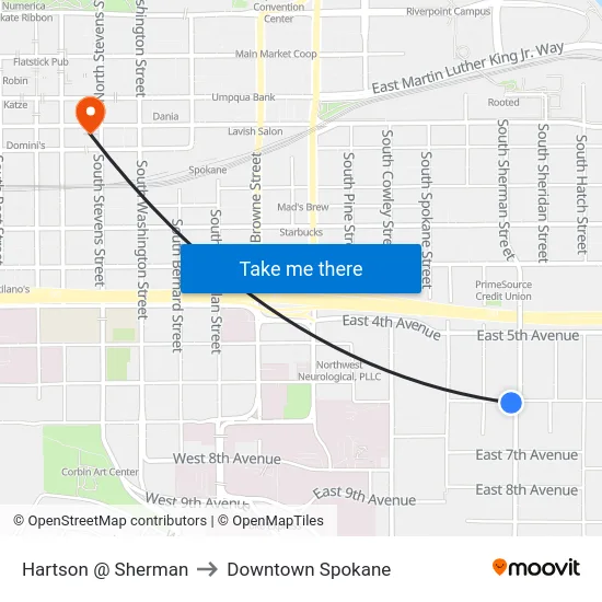 Hartson @ Sherman to Downtown Spokane map