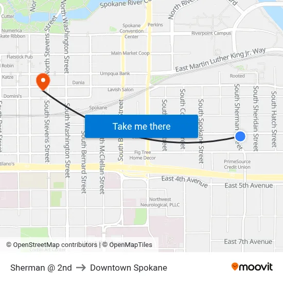 Sherman @ 2nd to Downtown Spokane map