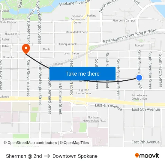 Sherman @ 2nd to Downtown Spokane map