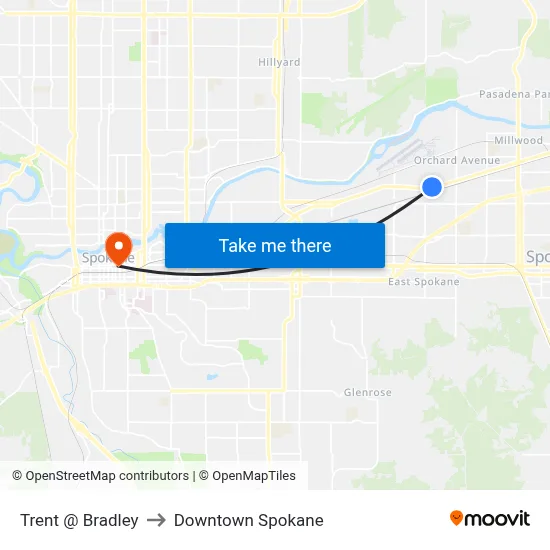 Trent @ Bradley to Downtown Spokane map