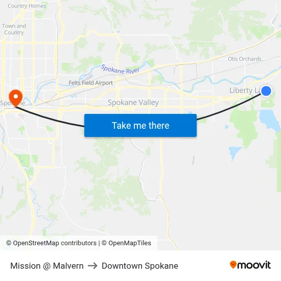 Mission @ Malvern to Downtown Spokane map