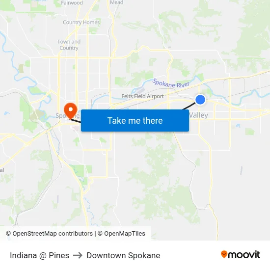 Indiana @ Pines to Downtown Spokane map