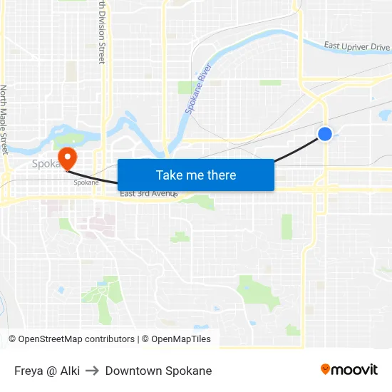 Freya @ Alki to Downtown Spokane map