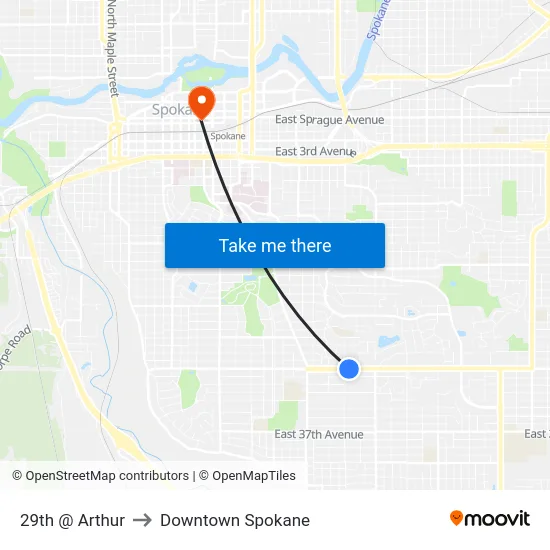 29th @ Arthur to Downtown Spokane map