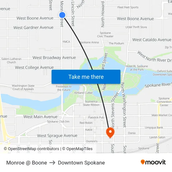 Monroe @ Boone to Downtown Spokane map