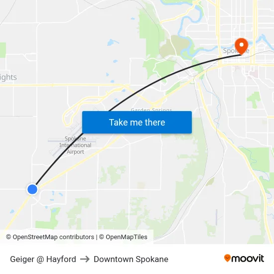 Geiger @ Hayford to Downtown Spokane map