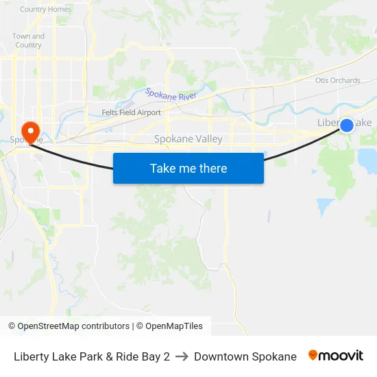 Liberty Lake Park & Ride Bay 2 to Downtown Spokane map