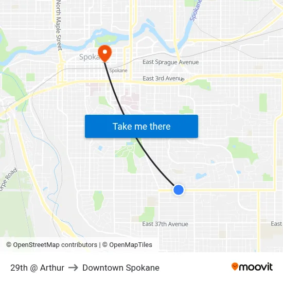 29th @ Arthur to Downtown Spokane map