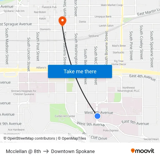 Mcclellan @ 8th to Downtown Spokane map
