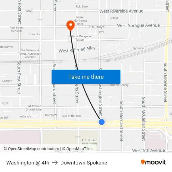 Washington @ 4th to Downtown Spokane map