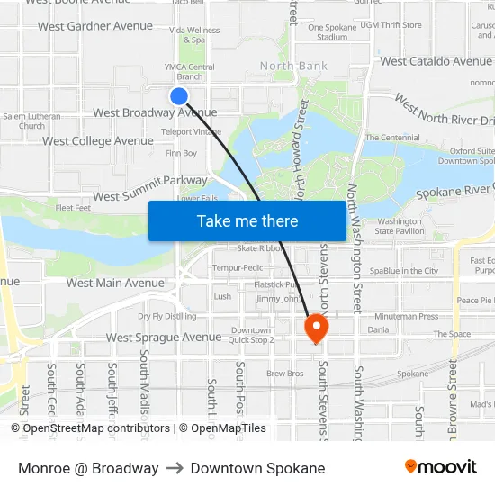 Monroe @ Broadway to Downtown Spokane map