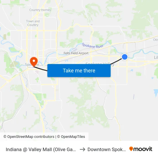 Indiana @ Valley Mall (Olive Garden) to Downtown Spokane map