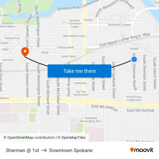 Sherman @ 1st to Downtown Spokane map