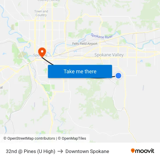 32nd @ Pines (U High) to Downtown Spokane map