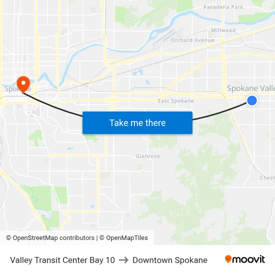Valley Transit Center Bay 10 to Downtown Spokane map