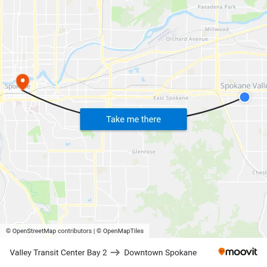 Valley Transit Center Bay 2 to Downtown Spokane map