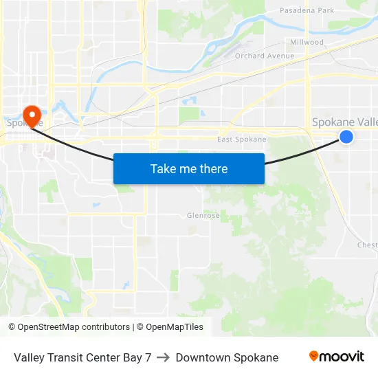 Valley Transit Center Bay 7 to Downtown Spokane map