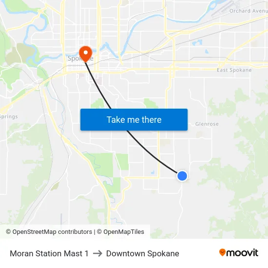 Moran Station Mast 1 to Downtown Spokane map