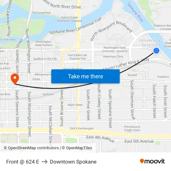 Front @ 624 E to Downtown Spokane map