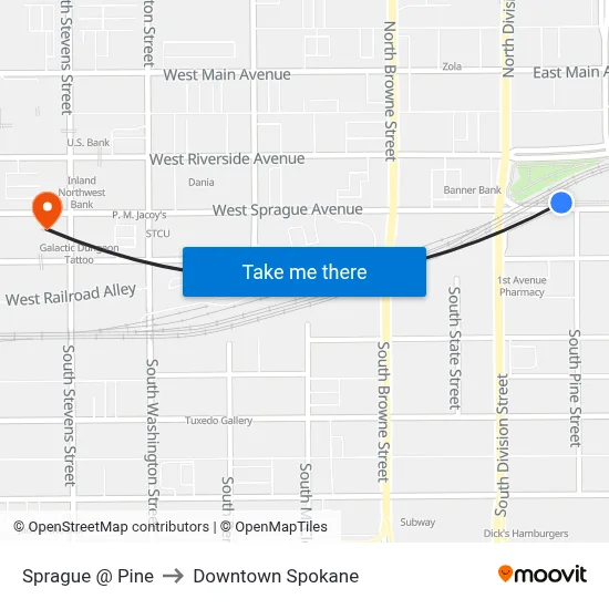 Sprague @ Pine to Downtown Spokane map