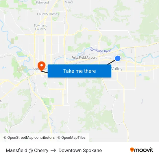 Mansfield @ Cherry to Downtown Spokane map