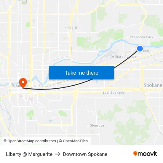 Liberty @ Marguerite to Downtown Spokane map
