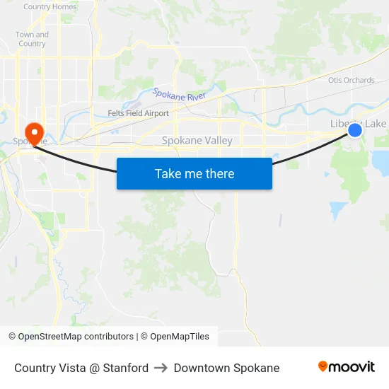 Country Vista @ Stanford to Downtown Spokane map
