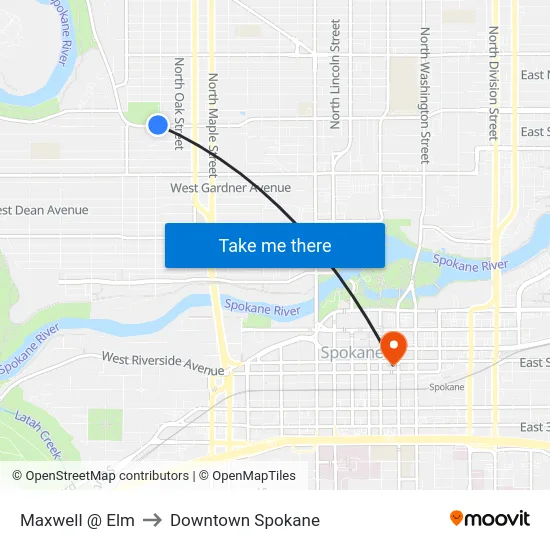 Maxwell @ Elm to Downtown Spokane map
