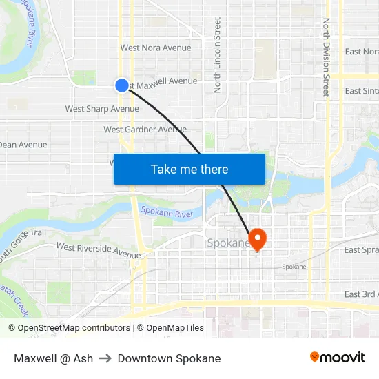 Maxwell @ Ash to Downtown Spokane map