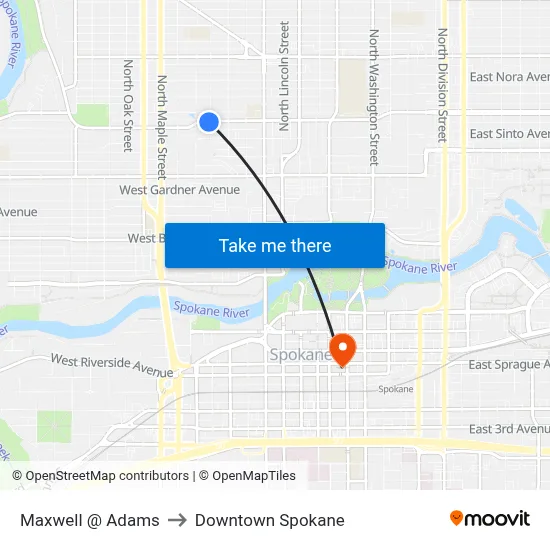 Maxwell @ Adams to Downtown Spokane map
