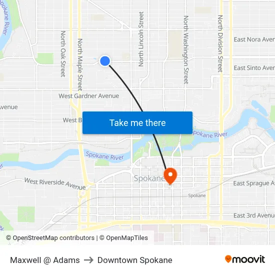 Maxwell @ Adams to Downtown Spokane map