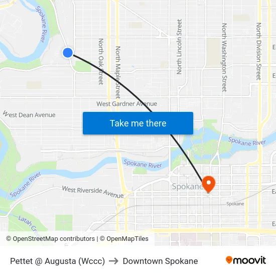 Pettet @ Augusta (Wccc) to Downtown Spokane map