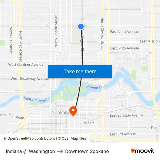 Indiana @ Washington to Downtown Spokane map