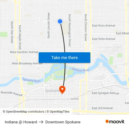 Indiana @ Howard to Downtown Spokane map