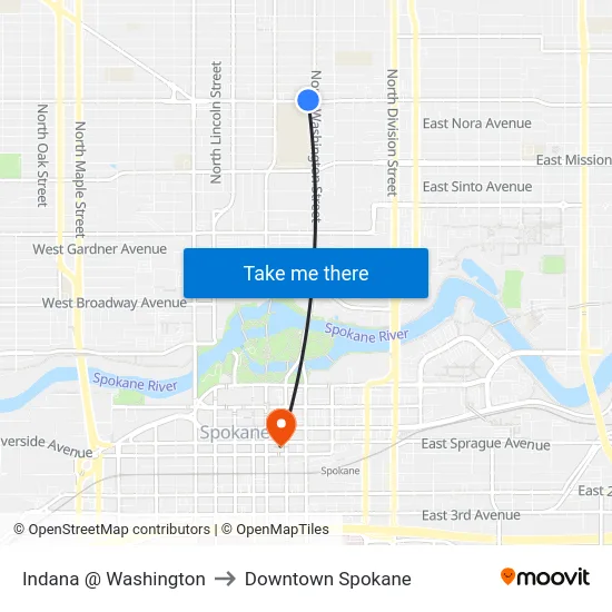 Indana @ Washington to Downtown Spokane map