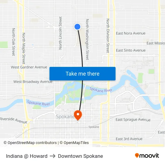 Indiana @ Howard to Downtown Spokane map