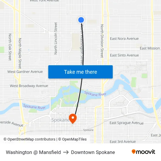Washington @ Mansfield to Downtown Spokane map