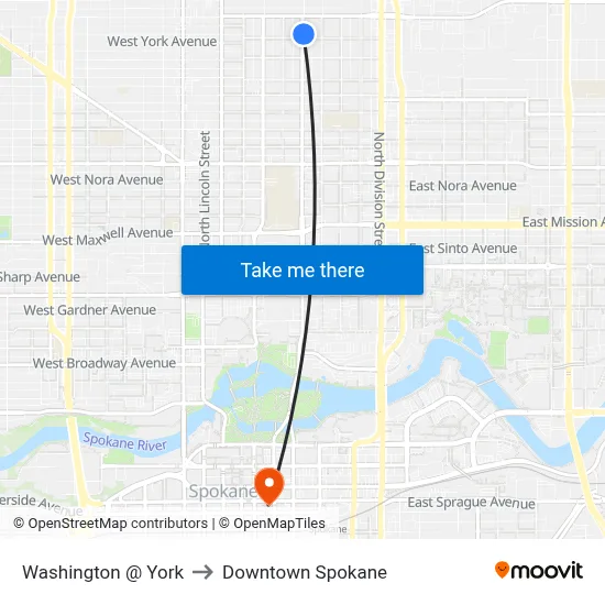 Washington @ York to Downtown Spokane map
