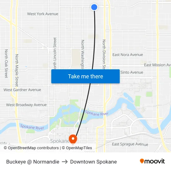 Buckeye @ Normandie to Downtown Spokane map