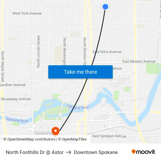 North Foothills Dr @ Astor to Downtown Spokane map