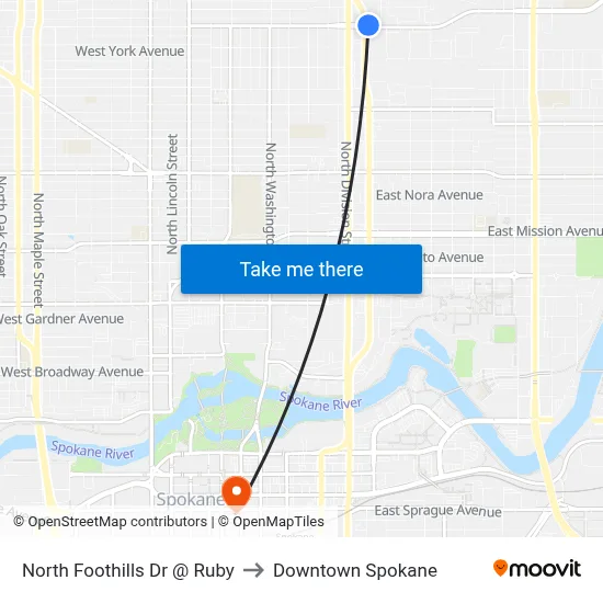 North Foothills Dr @ Ruby to Downtown Spokane map
