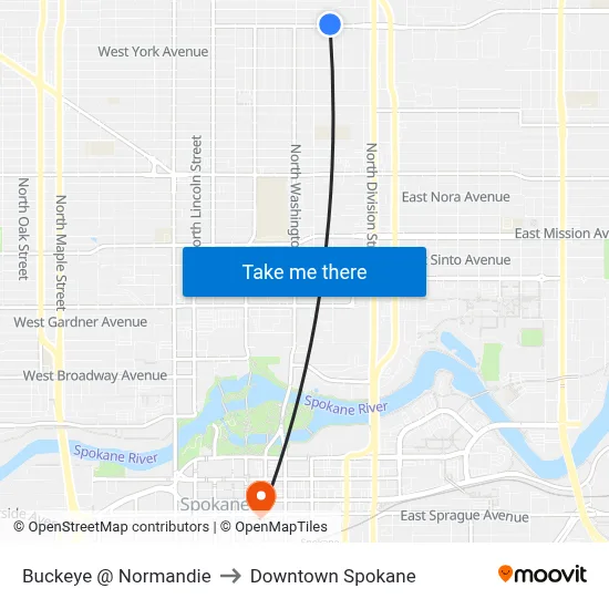 Buckeye @ Normandie to Downtown Spokane map