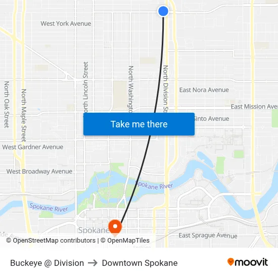 Buckeye @ Division to Downtown Spokane map