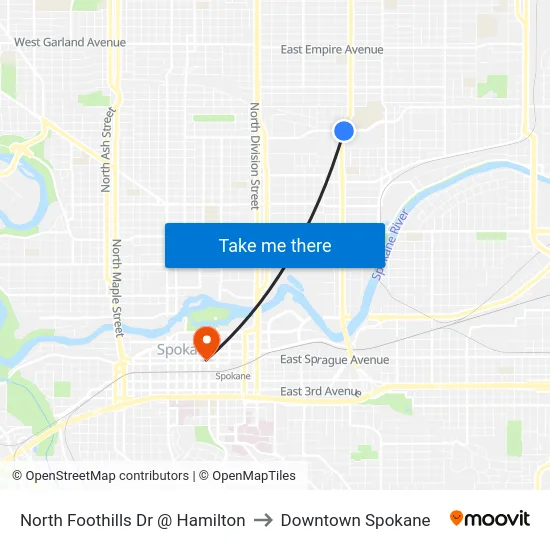 North Foothills Dr @ Hamilton to Downtown Spokane map