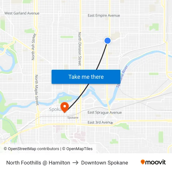 North Foothills @ Hamilton to Downtown Spokane map
