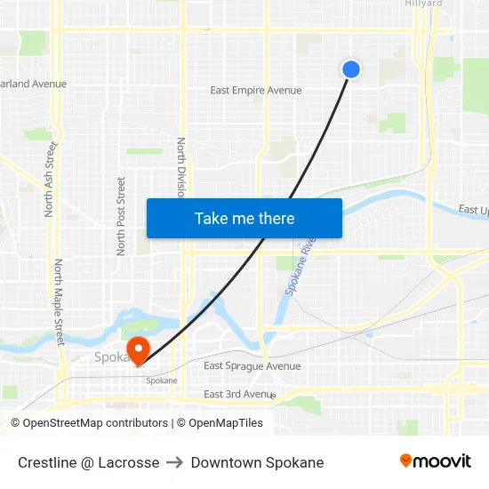 Crestline @ Lacrosse to Downtown Spokane map