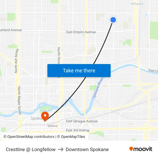 Crestline @ Longfellow to Downtown Spokane map