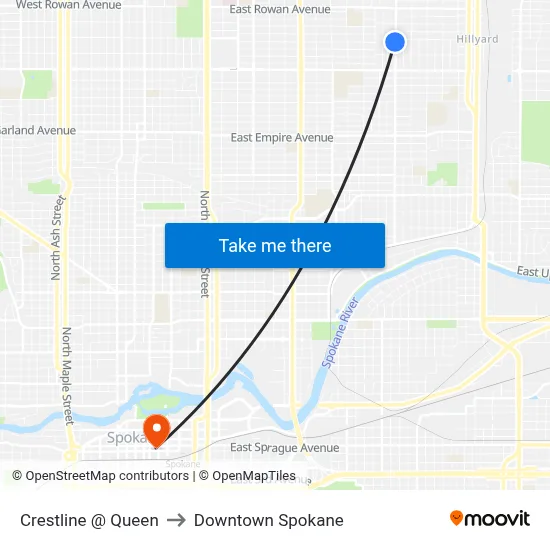 Crestline @ Queen to Downtown Spokane map