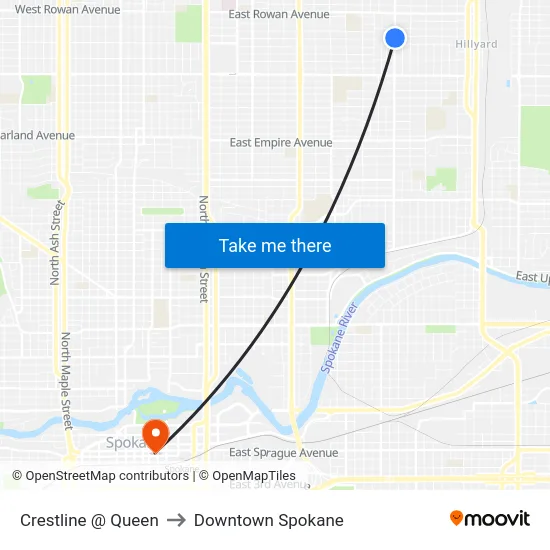 Crestline @ Queen to Downtown Spokane map